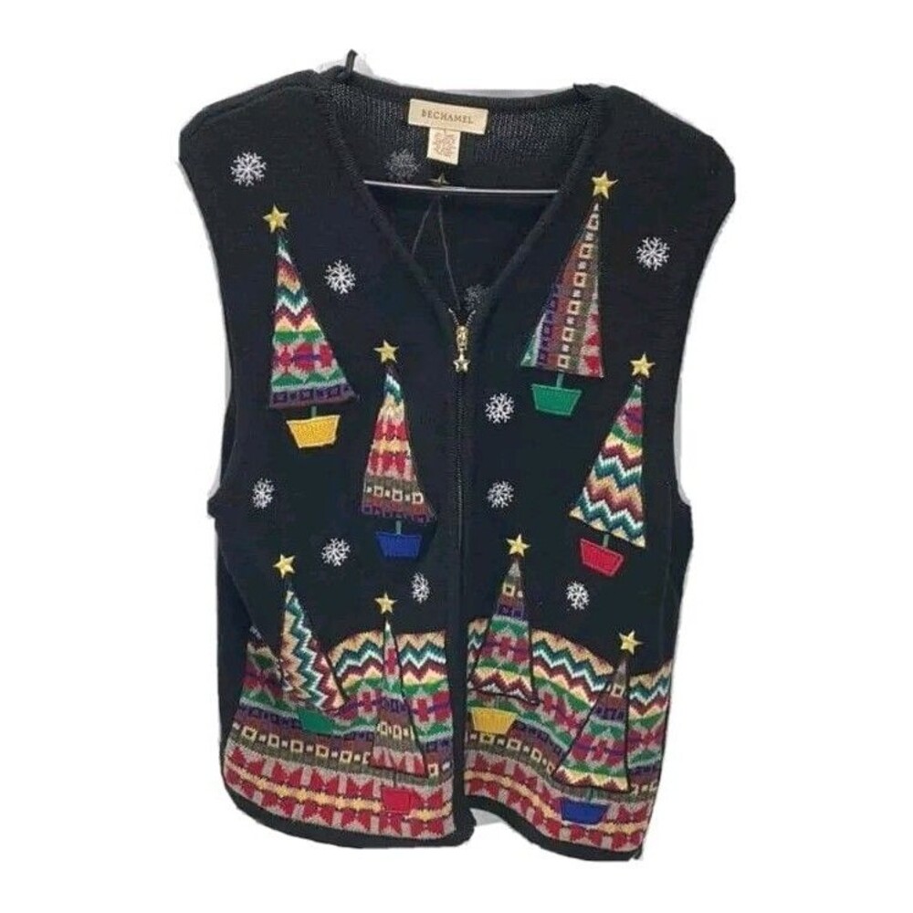 Bechamel Christmas Sweater Vest Women's L Black Zip Up Snowflakes Trees Holiday